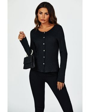 FS Collection Button Down Ruched Stretch Long Sleeves Top - Black