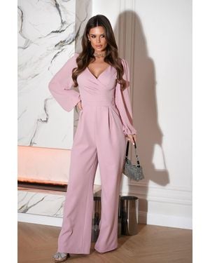 Love Lace Elegant Wide Leg Long Sleeve Jumpsuit - Pink
