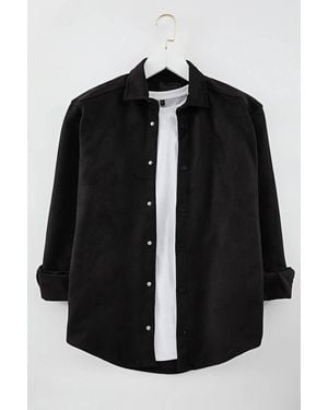 WOVCOR Faux Suede Button-Up Overshirt - Black