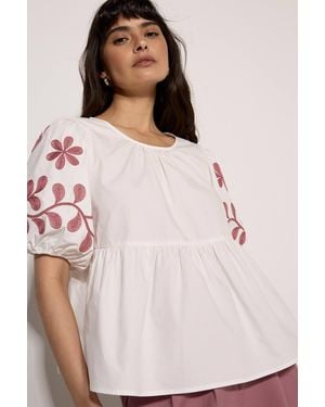 Apricot Floral Embroidered Peplum Cotton Top - Pink