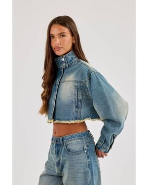 CERNUCCI Super Crop Funnel Neck Denim Jacket - Blue