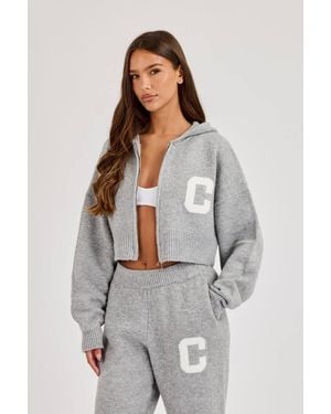 CERNUCCI C Intarsia Cropped Zip Through Knitted Hoodie - Grey