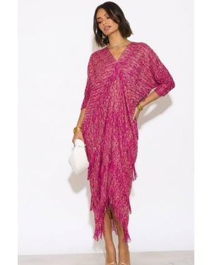 CY Pleated Midi Dress With Layered Tassels & Fringe Detail - Pink
