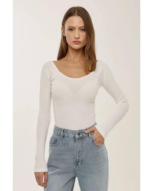 Hiccup Ribbed Slim-Fit Long-Sleeve U-Neck Blouse - White