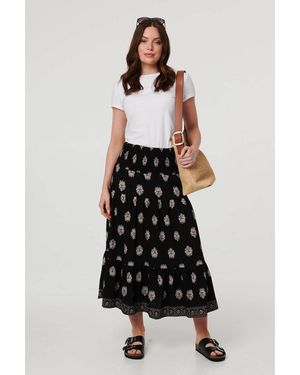 Izabel London Printed Shirred High Waist Midi Skirt - White