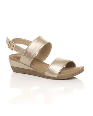 AJVANI Low Heel Strappy Slingback Faux Leather Wedges - Metallic
