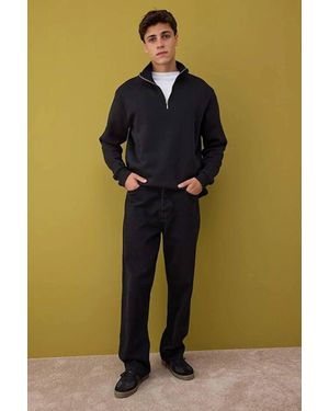 WOVCOR Stand Collar Zip Neck Fleece Lined Sweatshirt - Black