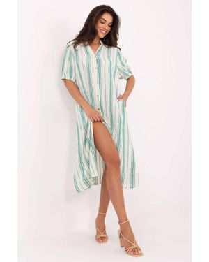 Love Lace Boho Midi Shirt Dress With Side Pockets - Green