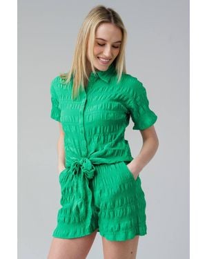 Influence Textured Smocked Tie Front Short Sleeve Shirt - Green