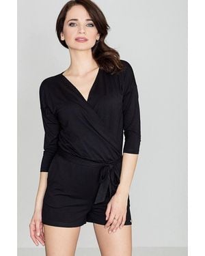 Love Lace Knit Short Sleeve V Neck Tie Overalls - Black