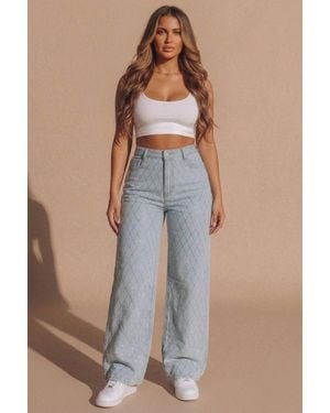 Femme Luxe Diamond Stitch High Waisted Straight Leg Jeans - Blue