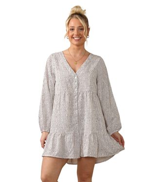 ELAINA FASHION Chic V Neck Polka Dot Smock Mini Dress With Long Sleeves - Grey
