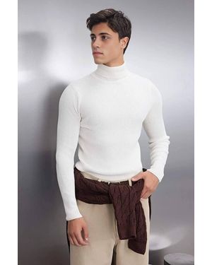 WOVCOR Slim Fit Ribbed Turtleneck Knit Jumper - White