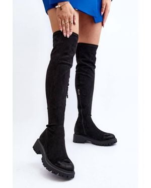 Love Lace Platform Round Toe Suede Over The Knee Boots - Black