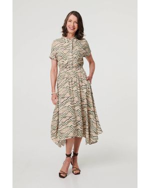 Izabel London Printed Short Sleeve Shirred Midi Dress - Natural