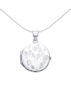 Jewelco London Flower Leaves Engraved Round Locket Pendant Necklace - Metallic