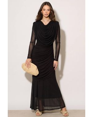 CY Statement Draped Mesh Layered Maxi Dress - Black