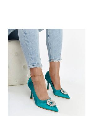 KDMD Summer Satin Slip On High Heel Court Shoes With Zircons - Blue