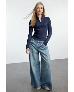 WOVCOR Fitted Ribbed Knit Blouse W/ Zipper Collar - Blue