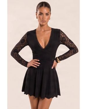 Rebellious Fashion Bryson Slinky Lace Sleeve Floaty Skater Mini Dress - Black