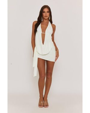 Rebellious Fashion Lama Plunge Neck Cowl Detail Top & Mini Skirt Co-Ord Set - White