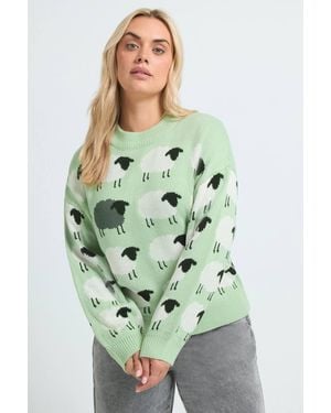 Yours Sheep Print Balloon Sleeve Jumper - Green