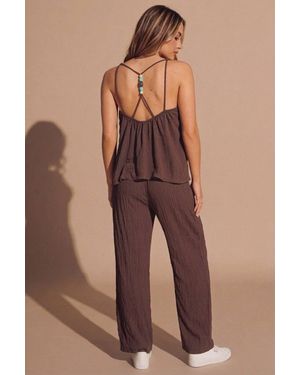 Femme Luxe Crinkle Textured Cami Top & Wide Leg Trouser Set - Brown