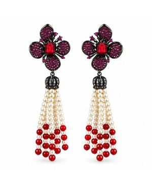 BluCore Tone Floral Faux Pearl Tassel Statement Earrings - Red