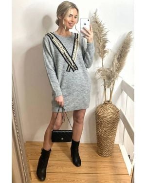 CY Tweed Effect Neckline Long Jumper - Grey