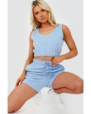 Stylewise Fleeced Cropped Vest & Shorts Co-Ord Set - Blue