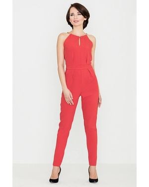 Love Lace Jumpsuit With Chain Neckline - Red