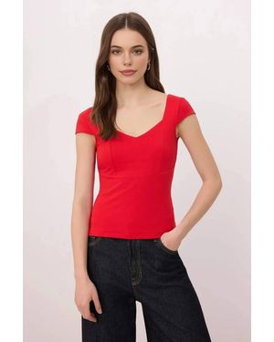 WOVCOR Sweetheart Neck Fitted Cotton Knit Top - Red