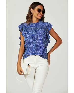 FS Collection Floral Print Frill Hem Short Sleeve Blouse Top - Blue