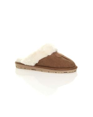 AJVANI Faux Fur Lined Slip On Memory Foam Mules Slippers - Brown