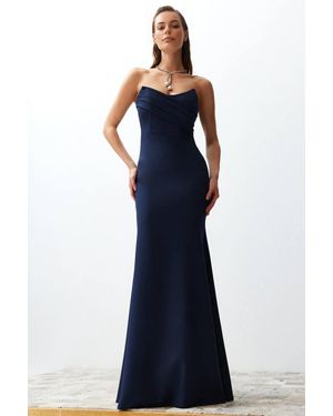WOVCOR Strapless Draped Bodycon Structured Maxi Dress - Blue