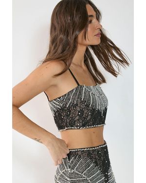 Nasty Gal Embellished Contrast Lace Strappy Crop Top - Grey