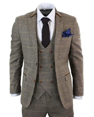 Infinity Leather 3 Piece Herringbone Tweed Check Suit - Grey