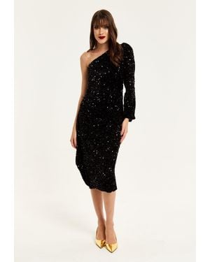 Liquorish Sequin Velvet One Shoulder Midi Dress - Black