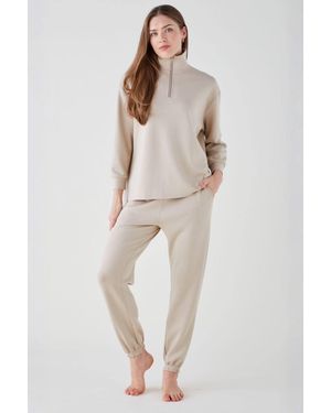 The Night Store Cotswold Funnel Neck Zip Lounge Trouser Set - Natural
