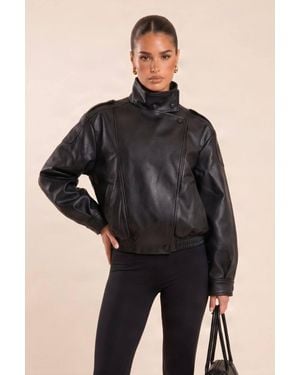 Rebellious Fashion Deanna Faux Leather Funnel Neck Oversized Bomber Jacket - Black