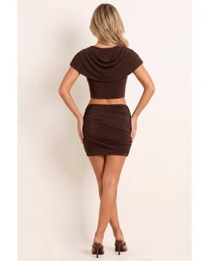 Rebellious Fashion Cape Top & Ruched Mini Skirt Co-Ord Set - Brown