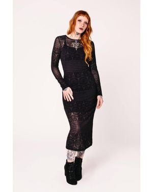Hell Bunny Mea Culpa Gothic Velvet Flock Mesh Maxi Dress With Cami Lining - Blue