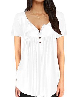 KDMD Summer V Neck Button Tunic Top Short Sleeve Blouse Shirt - White