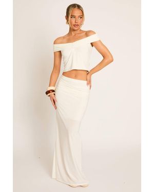 Rebellious Fashion Bardot Crop Top & Ruched Maxi Skirt Co-Ord Set - Natural