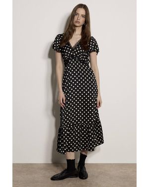 Apricot Polka Dot Satin Midi Dress - Black