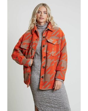 Native Youth Houndstooth Print Brushed Button Shacket - Red