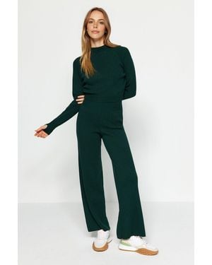 WOVCOR Ribbed Knit Top & Wide Leg Trousers Two Piece Set - Green