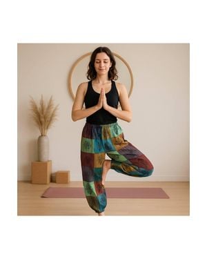 KDMD Nomad Sari Tones Block Print Mushroom Trousers S M - Green