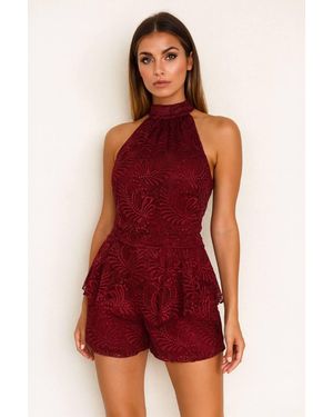 Stylewise Lace Detail Slinky Frill Playsuit - Red