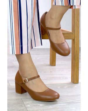 AJVANI Mid Block Heel Mary Jane Comfort Court Shoes - Brown